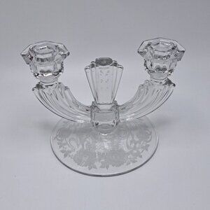 Tiffin Franciscan Etch Clear Glass Etched Double Light Candlestick Holder